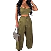 Molisry Women's 2 Piece Outfits Casual Spaghetti Strap Bra Top High Waisted Long Straight Wide Leg Pants Lounge Sets Fall