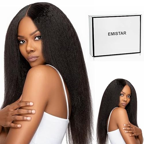 Black V Part Wig Kinky Straight Wig Upgrade U Part Synthetic Wigs for Black Women Full Head Clip In Hair Glueless Blend Human Hair Replacement Synthetic Wigs Natural Scalp (Jet Black, 22 Inch)