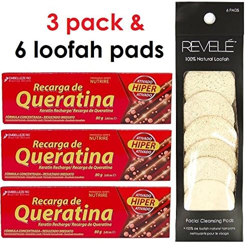 Brazilian Hair Tratment Keratin Recharge (Recarga de Queratina) by Embelleze 2.82 oz (3Pack) &amp; 6Loofah Pads