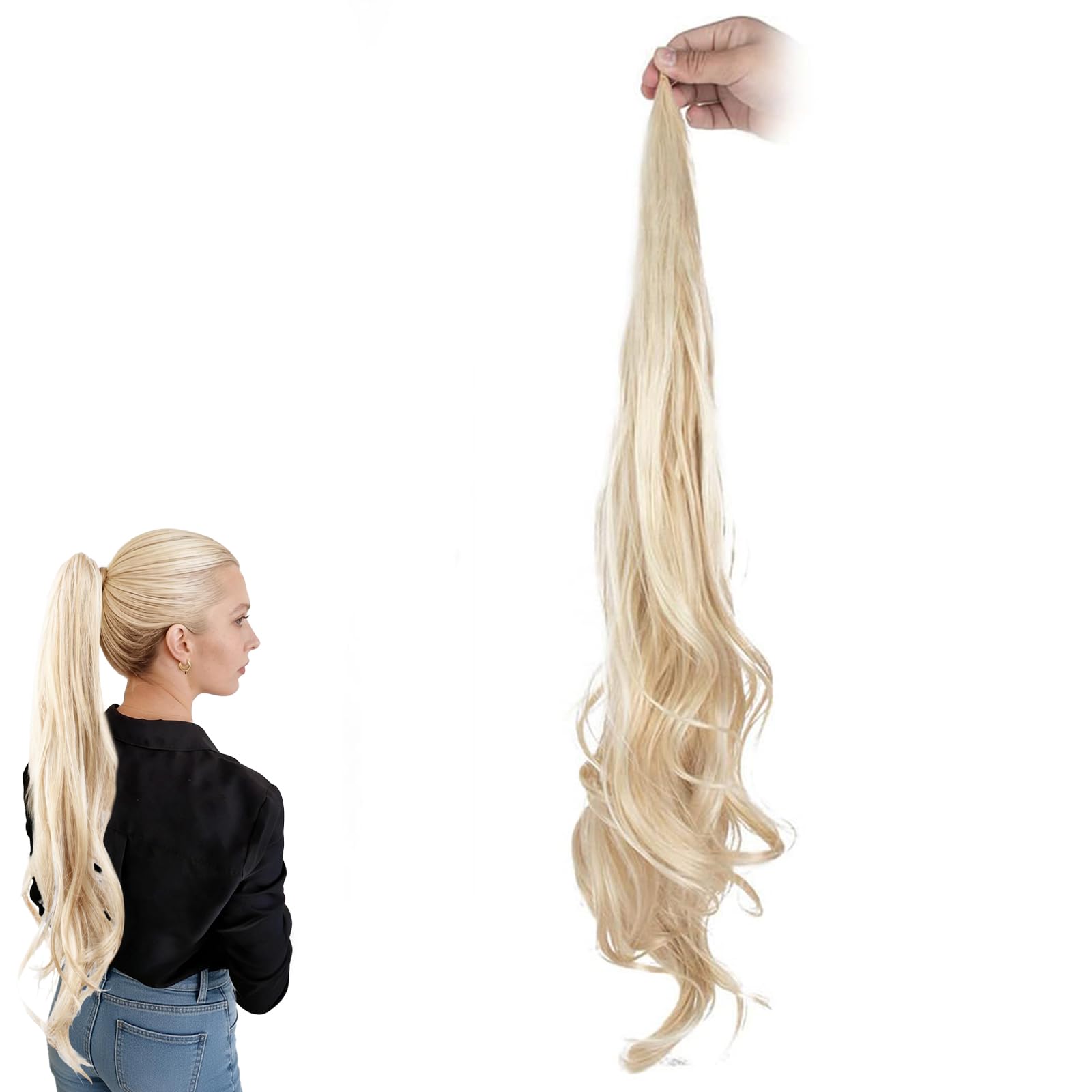 Traziewell Blonde Hair Extensions Long Natural Wave Hair Ponytail Extension High Temperature Synthetic Hairpieces for Daily Use 0711