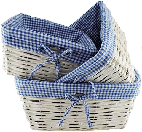 TopherTrading TOPOT Set of 3 Baby Boy Square Nursery Storage Household Sundries Picnic Basket with Blue Gingham Fabric