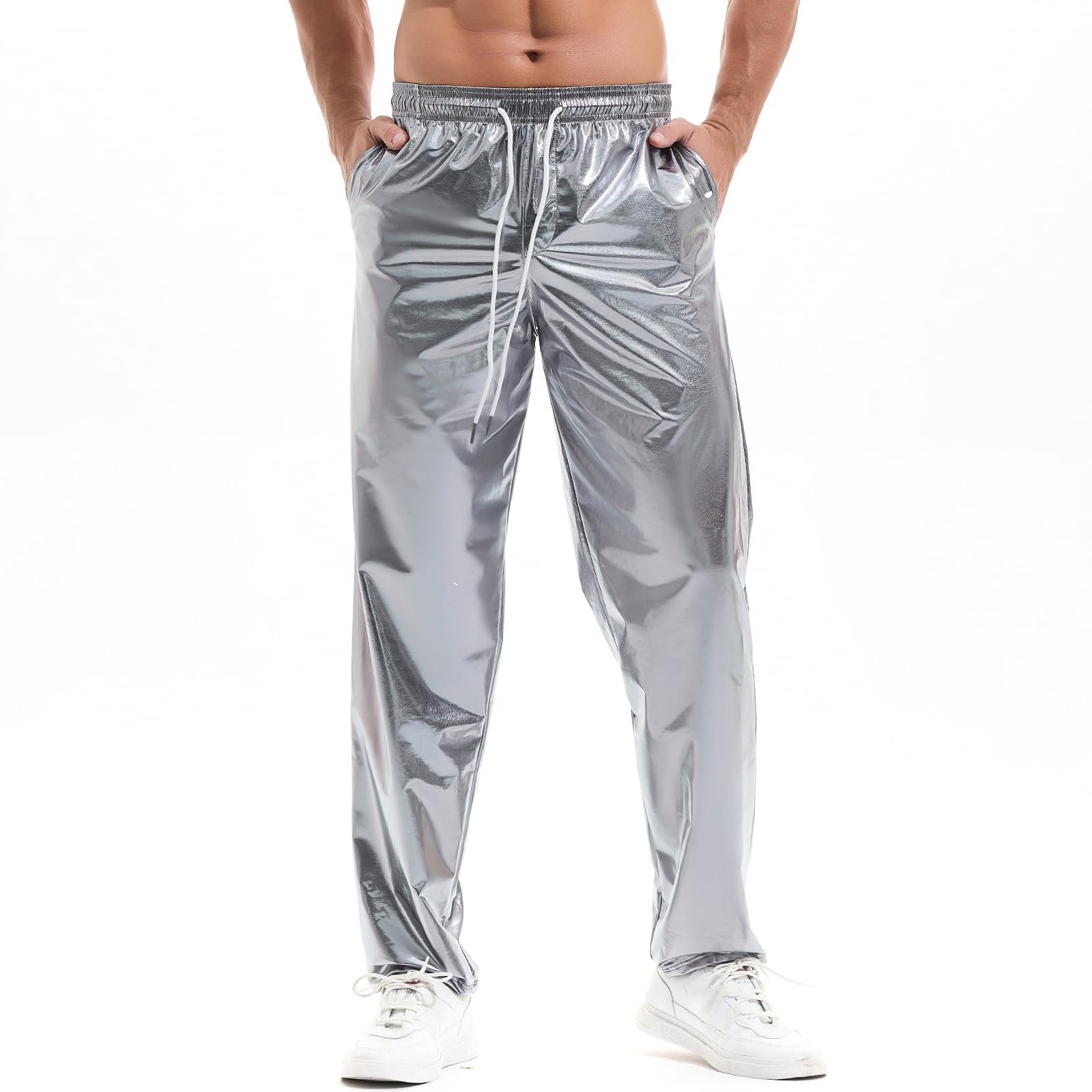 Photo 1 of AMY COULEE Mens Metallic Shiny Pants Disco Rave Costume Sparkly Holographic Party Pants with Drawstring Pockets (S, Silver)