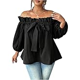 OYOANGLE Women's Plus Size Off Shoulder Blouse Bow Tops Lantern Sleeve Frill Trim Flared Shirts