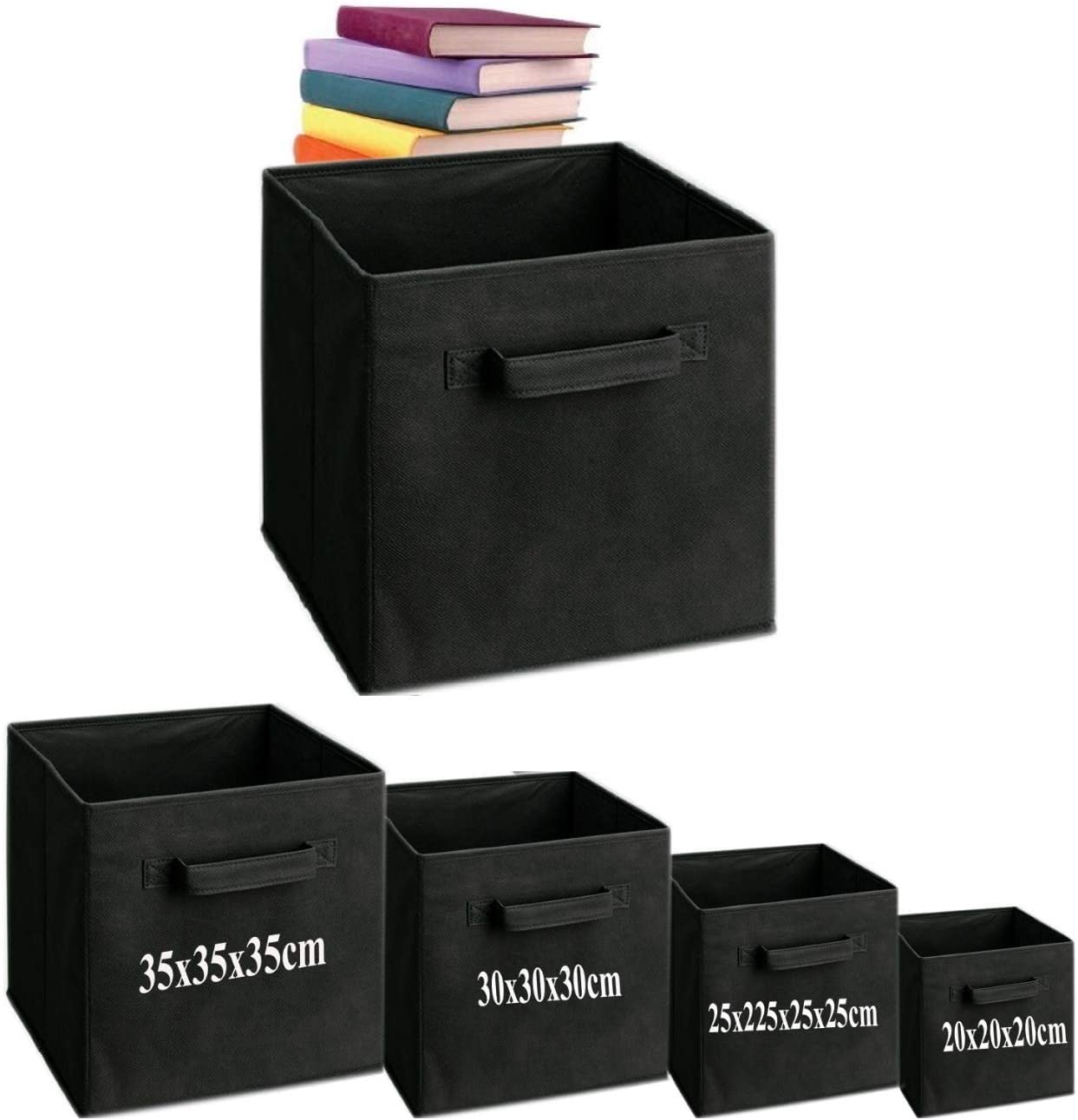 A406 3x Fabric Foldable Square storage Box Canvas Storage Collapsible Folding Box Cubes Box Toys box (Medium-25x25x25cm, Black)