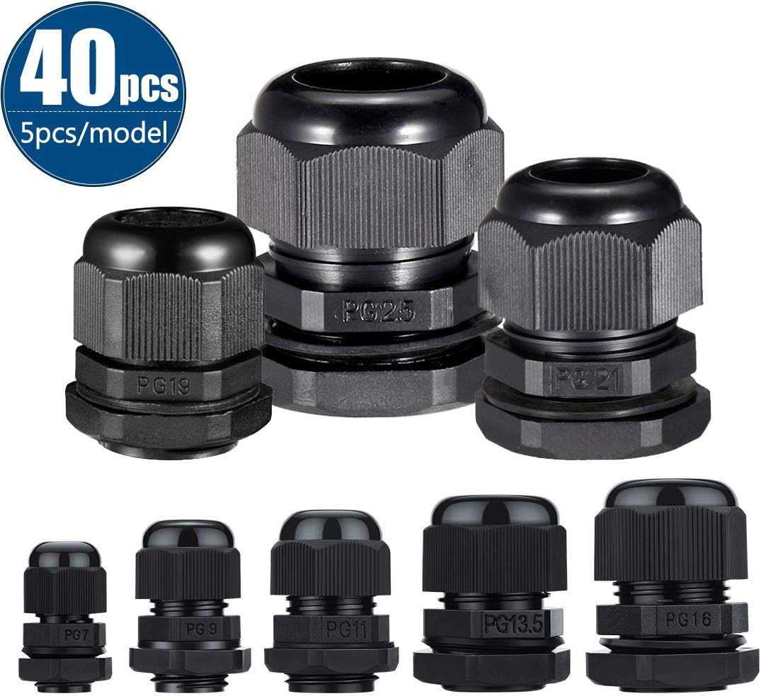 40 Pcs Nylon Plastic  Waterproof Cable Locknut Stuffing Glands - PG7/ PG9/ PG11/ PG13.5/ PG16/PG19/PG21/PG25 Waterproof Connector Cable Gland Joints 3.5-21mm Adjustable Plastic Stuffing Gland Black