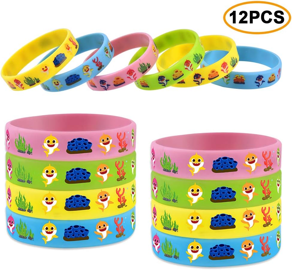 DoYay 24 Pack Cute Shark Silicone Wristbands Bracelets Baby Kids Birthday Party Supplies Favors Prize Rewards, Kids Size (12pcs)
