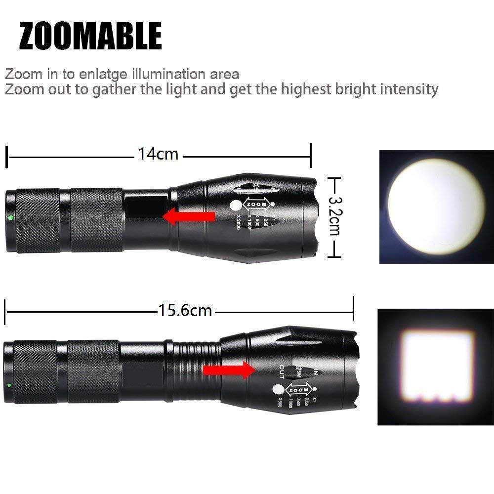 Torche Lampe de Poche LED Rechargeable et Etanche avec Zoom Réglable (Torche noir)