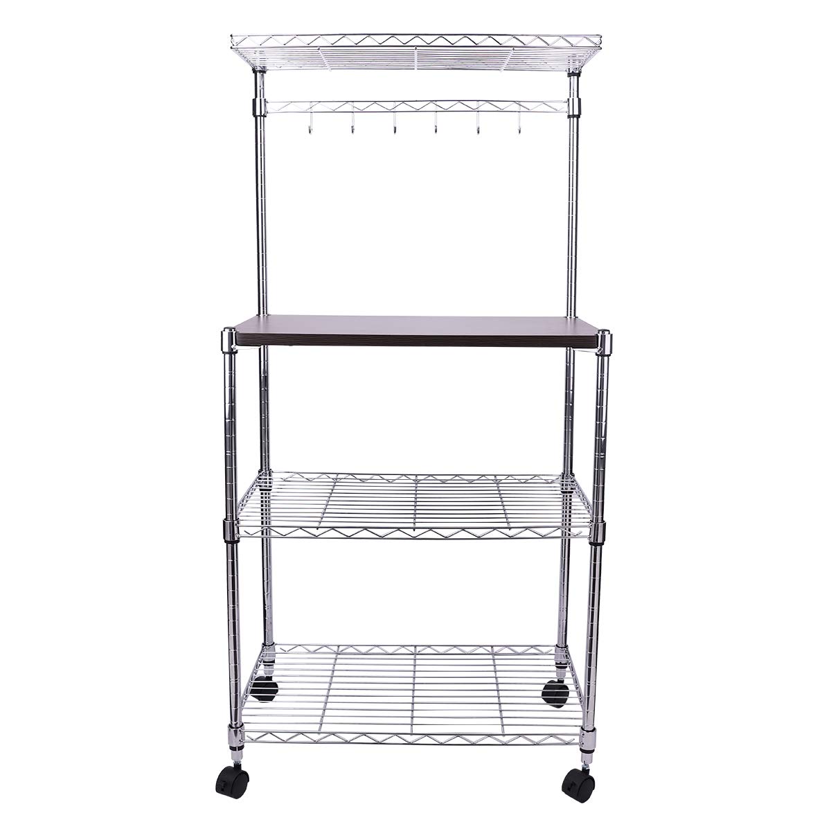 Kitchen Bakers Rack, Adjustable 4 Tiers Carbon Steel Multifunctional Moveable Microwaves Rack with Composite Board and Hooks