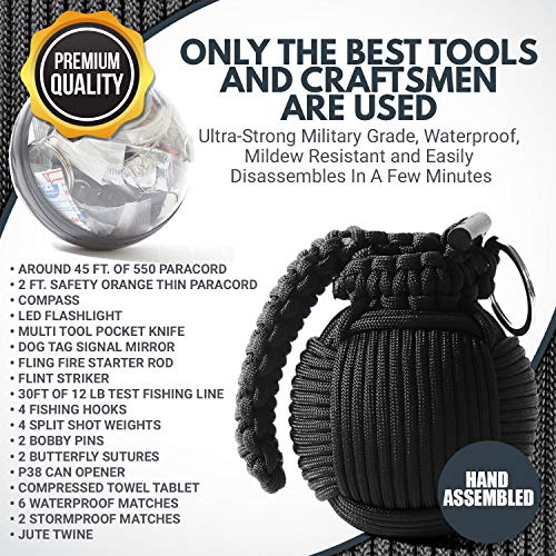Holtzman’s Survival Kit Paracord Grenade The #1 Best 48 Tool Emergency kit (Solid Black)