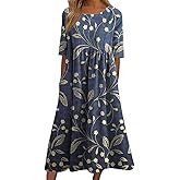 Women's Summer Boho Floral Short Sleeve Maxi Dresses Casual Loose Flowy Beach Vacation Tshirt Dress with Pockets