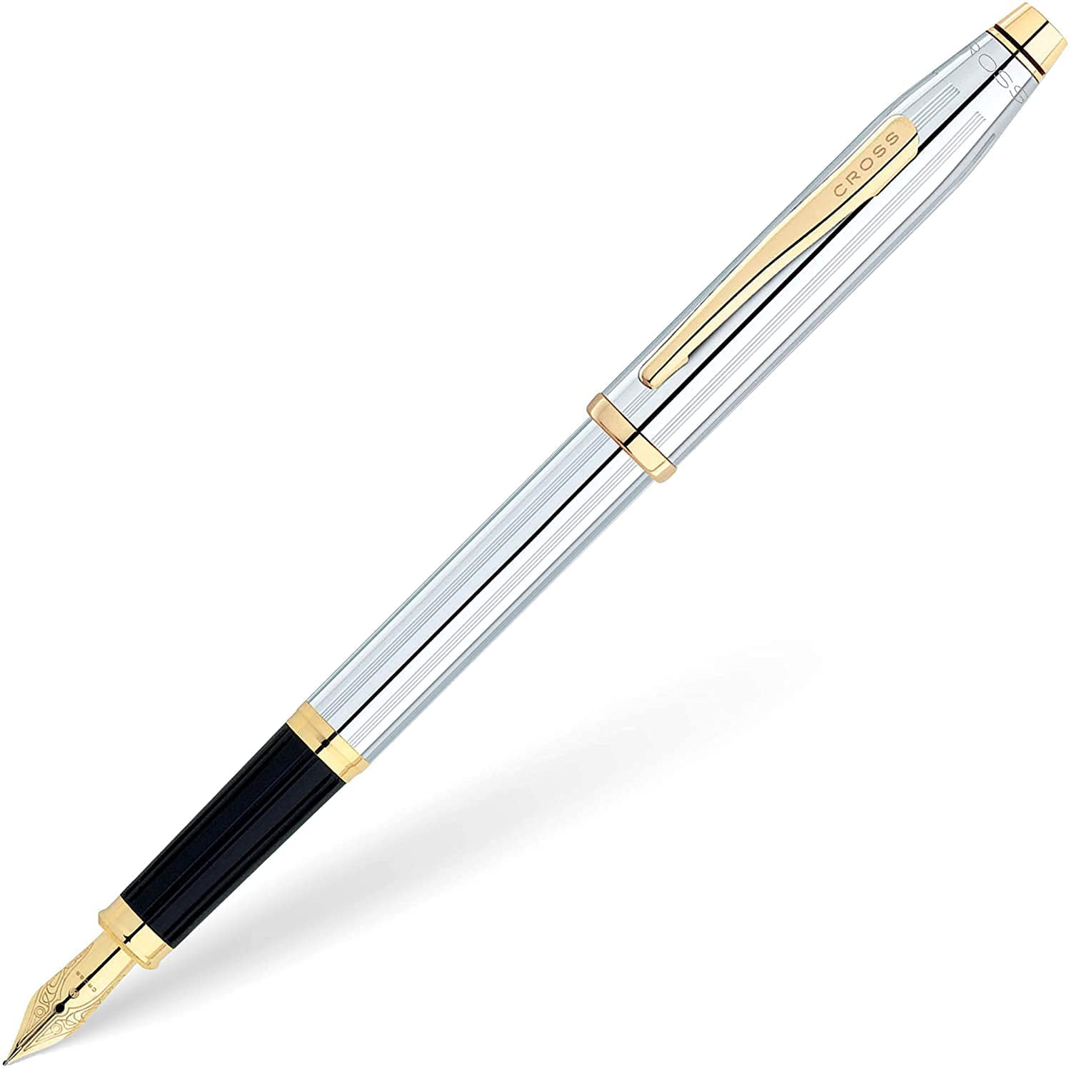 Cross Century II Refillable Click-Off Cap Metal Fountain Pen with 23 Carat Gold Plated Appointments, Medium Gold Nib, includes Premium Gift Box and 2 Black Cartridge Refills, 1 Pack, Medalist Chrome โ image 1