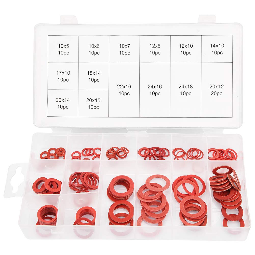 Sealing Washer Assortment, 150pcs 14 Sizes Red Steel Paper Fiber Flat Washers Kit Insulation Washer Assorted Set with Box