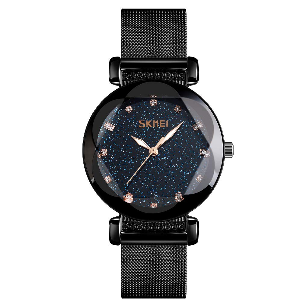 SKMEI Ladies Black Watches Starry Sky Fashion Analog Waterproof Stardust Casual Luminous Women Wrist Watch with Stainless Steel Mesh Band Elegant Dress Quartz Watch