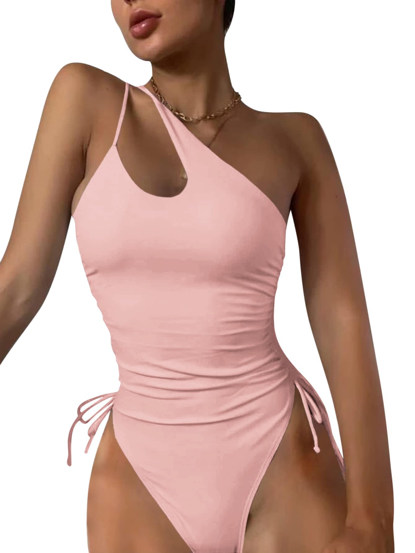 Photo 1 of Eomenie Women's One Piece One Shoulder Swimsuit with Drawstring Tummy Control Bathing Suit Sexy High Cut Swim Suits Light Pink