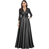 Skbue 3/4 Sleeves Mother of The Bride Dresses with Bow for Women Sequin Satin Long Formal Wedding Guest Dress with Pockets