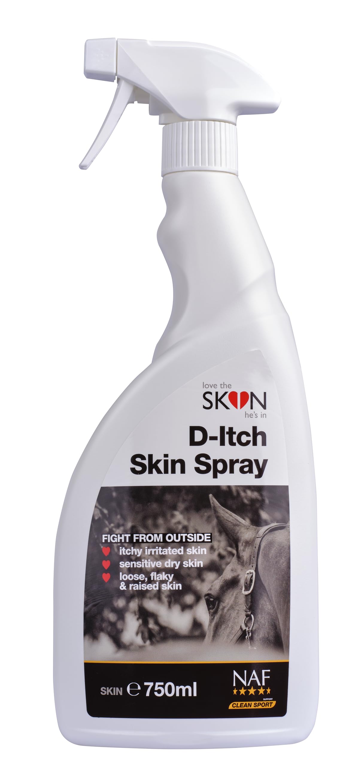 NAF Love The Skin He's In Skin Spray 750ml – Soothing Herbal Spray for Itchy, Irritated or Sensitive Skin – With Aloe Vera, MSM & Essential Oils – No-Rinse Formula for Horses