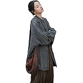 Women's Linen Shirts Oversized Blouses Vintage Long Sleeve Cropped Jackets Loose fit Chinese Frog Button Cape Trench Tops