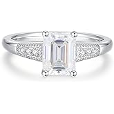JEYHLOPX Emerald Cut Moissanite Ring For Women 18 K White Gold Plated S925 Sterling Silver Simple-Vintage Engagement Women Ring For Her