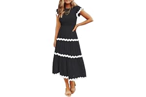 ZESICA Women's Summer Flutter Short Sleeve Smocked Midi Dress Casual High Waist Rickrack Tiered Flowy Dresses