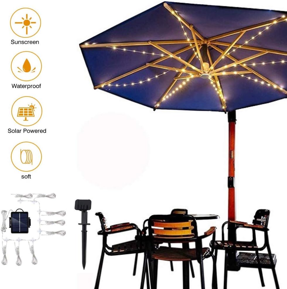 Amazon Com Chlggzw Solar Patio Umbrella Lights Waterproof Parasol Lights With Remote Control 104 Led 8 Mode Warm White For Long Time Outdoor Garden Umbrella Lighting Use Sports Outdoors