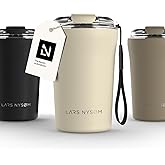 LARS NYSØM Thermo Coffee Mug to go with Strap 13oz | Travel Mug 0.38 Liter with Insulation | Leak Proof Stainless Steel Thermal Tumbler for Coffee and Tea to Go (Almond Beige, 12.9 oz)