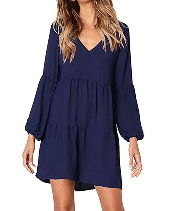 kenoce Damen Kleid Langarm V-Ausschnitt A-Linie Kurze Mini Kleider Lose Swing T-Shirt Kleid Blusen Tunika