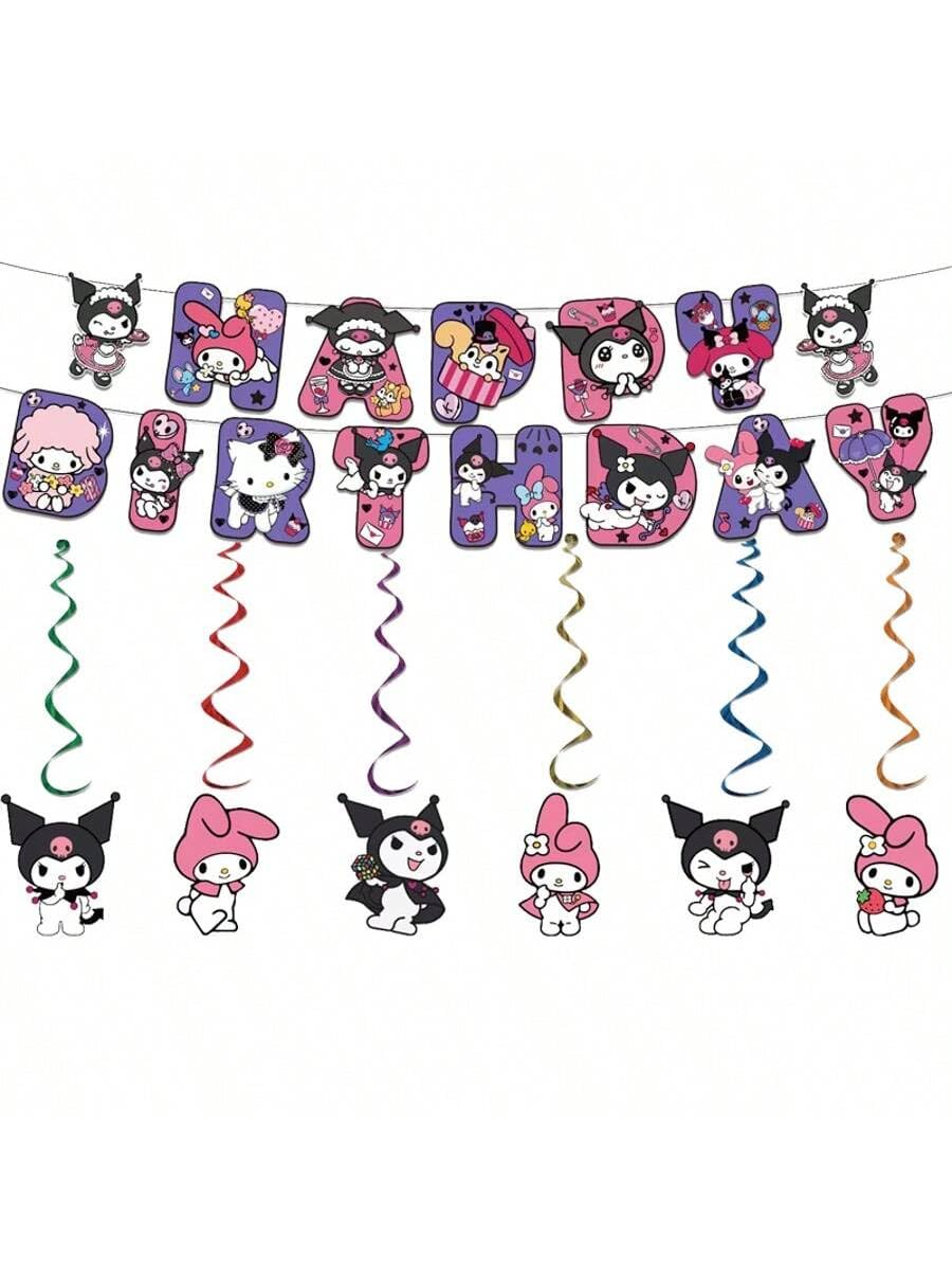 Cat Hanging Swirls and Happy Birthday Banner for Birthday Party Ceiling Streamers Decoration (black)