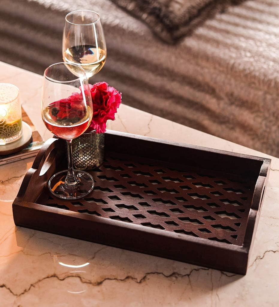 The Urban Store Decorative Hand Crafted Wooden Serving Tray (14x9x3 Inch, Brown)