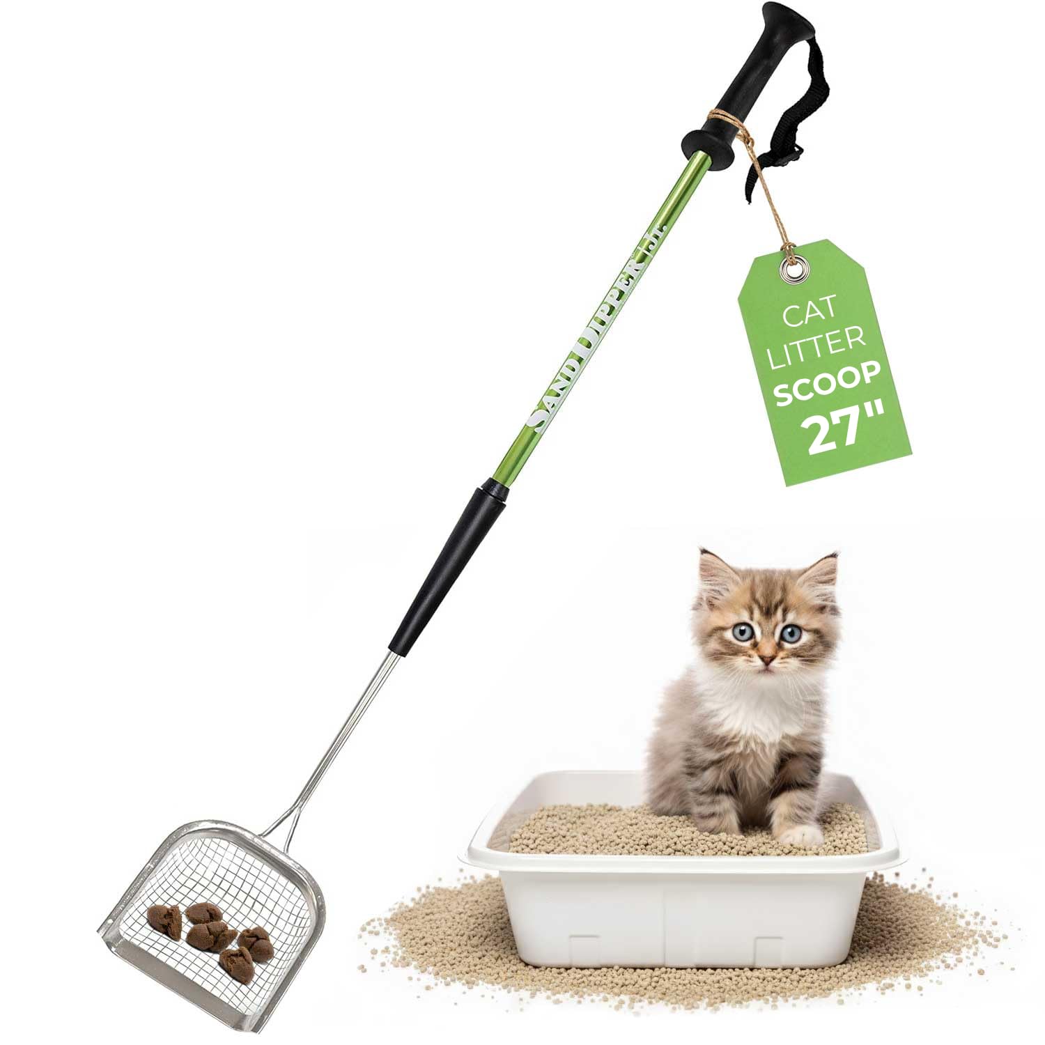 Sand Dipper Metal Cat Litter Scoop – Long Handle Cat Poop Scooper for Litter Box (27”), Heavy-Duty Stainless Steel Kitty Litter Scoop (Junior)