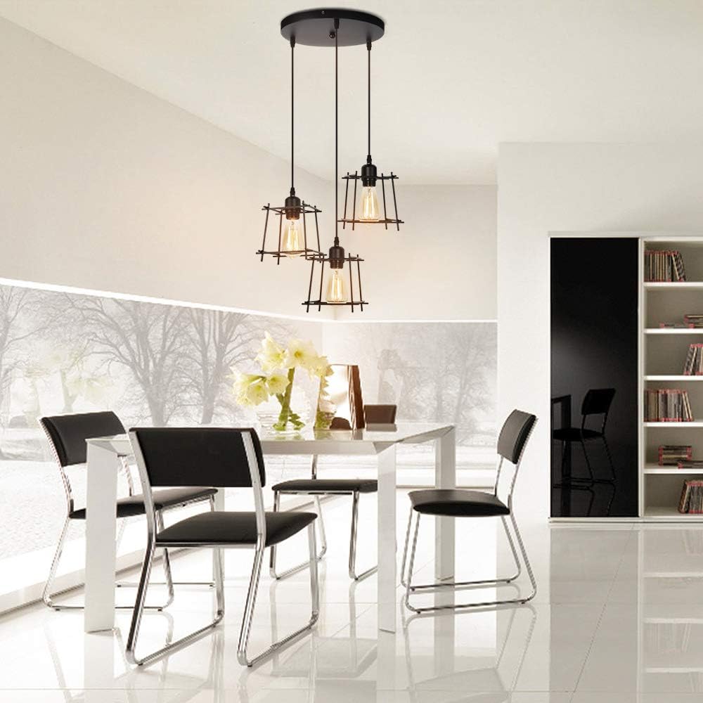 HAITRAL Dining Room Pendant Lighting 3 Lights - Industrial Hanging Light Fixtures Chandelier Black Metal Lampshade -Adjustable Ceiling Hanging Light Fixtures for Kitchen Island Bedroom: Home Improvement