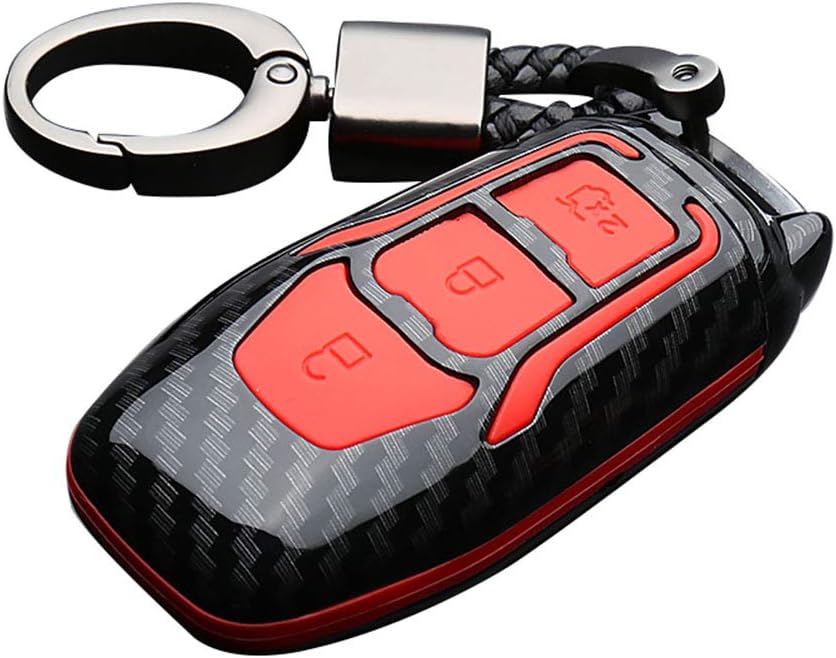 Happyit ABS Carbon Fiber Shell+Silicone Car Key Cover Case Keychain for Ford Focus Mondeo Edge Fiesta Kuga Mondeo MK4 Fusion Escort Ecosport (A carbon fiber + red)