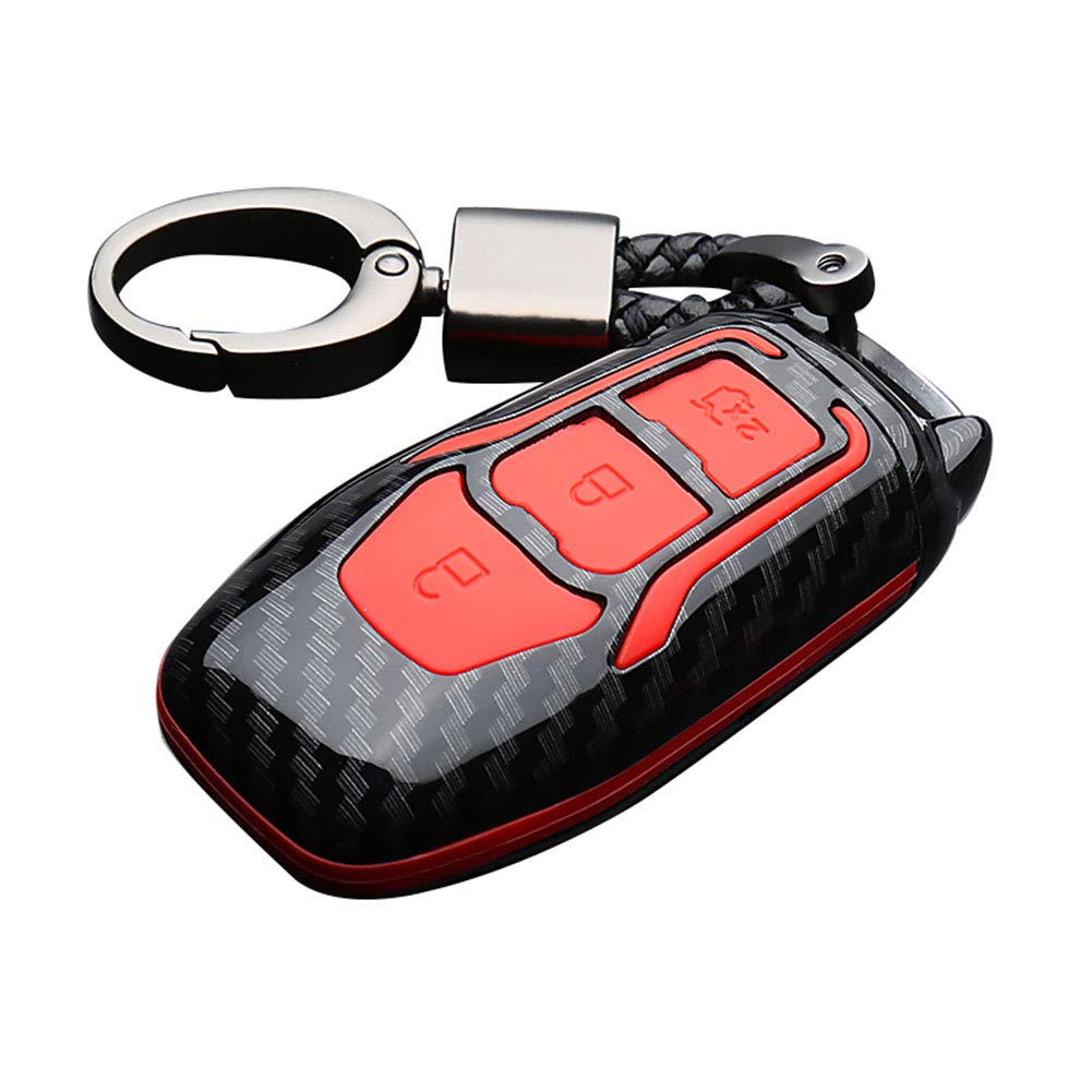 Happyit ABS Carbon Fiber Shell+Silicone Car Key Cover Case Keychain for Ford Focus Mondeo Edge Fiesta Kuga Mondeo MK4 Fusion Escort Ecosport (A carbon fiber + red)