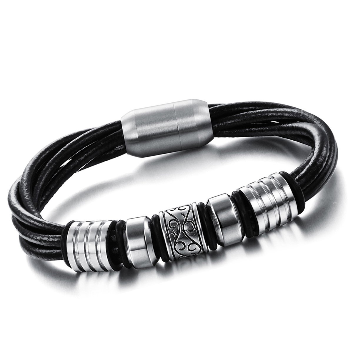 Cupimatch Mens Retro Stainless Steel Leather Bracelet Cuff Bangle with Magnetic Clasp