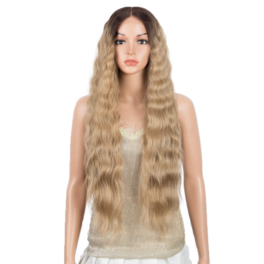 DÉBUT Lace Front Wigs 30 inches Water Wave Super Long Wigs 5% Brazilian Human Hair and 95% Heat Resistant Synthetic Wig 240g 6 inches Lace Parting (LACE 30", TT6/23C: OMBRE BLONDE)