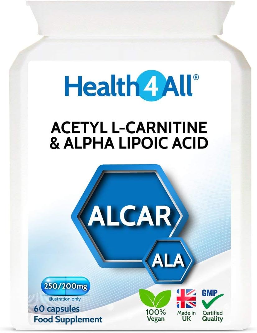 Acetyl L-Carnitine 250mg & Alpha Lipoic Acid 200mg 60 Capsules, Vegan ALCAR & ALA Supplement for Brain Function Focus, Memory