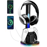 JDGPOKOO PS5 Controller Charging Station with RGB Headphone Stand, PS5 Controller Charger Holder with 2 USB Port, Headset Stand for PlayStation 5 & DualSense Edge Controllers Charging Dock