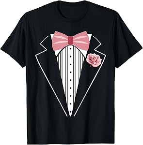 Funny Kids Adult Rose Bowtie Pink Boutonniere Tuxedo Costume T-Shirt