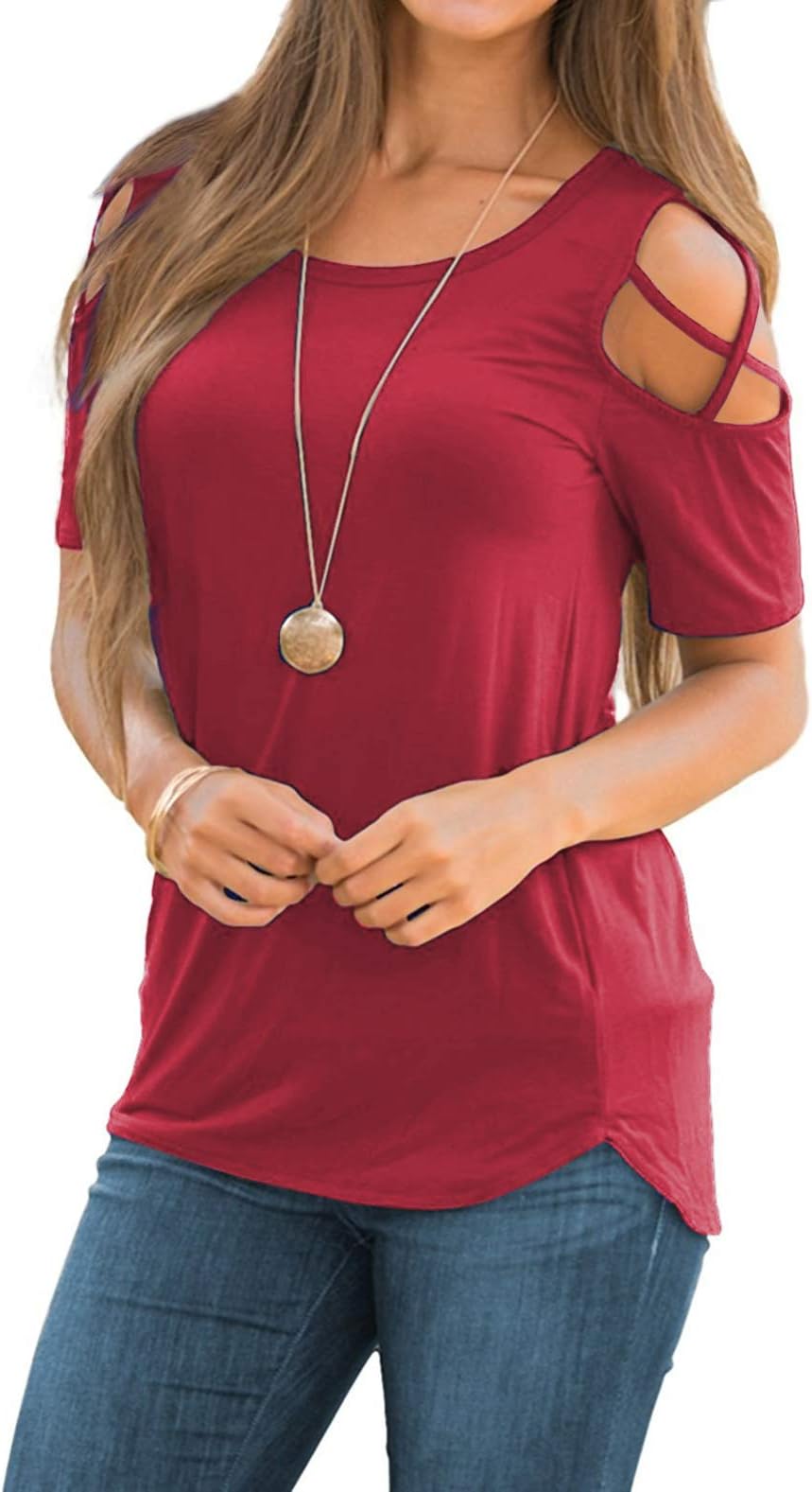 Women Short Sleeve Strappy Cold Shoulder T-Shirt Tops Blouses