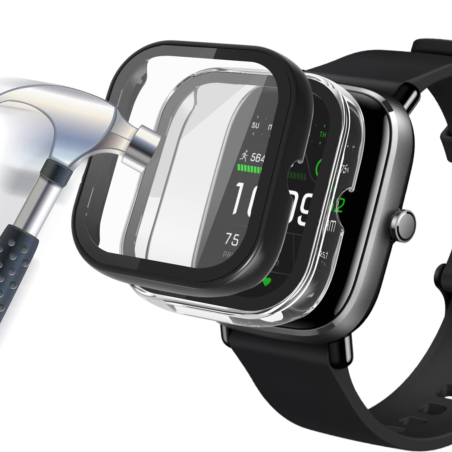 Acadeny Pack of 2 Case with Tempered Glass Screen Protector Compatible with Amazfit GTS 2 Mini Smartwatch, 9H Hardness, 360° All-Round Protective Case, Ultra Thin Protective PC Case Cover, Black +