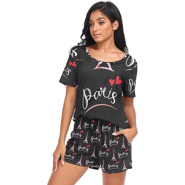 Fustylead Women's Paris Eiffel Tower Pajama Set – Short Sleeve Sleepwear With Pockets, Black, Small (95% Polyester, 5% Spandex) - View #6