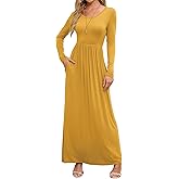 DEARCASE Women's Maxi Dress Long Sleeve Crewneck Loose Plain Casual Empire Waist Fall Party Long Dresses with Pockets