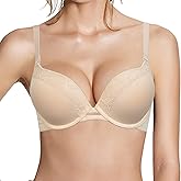 Pushlus Push Up Thick Padded Plunge Underwire T Shirt Lace Bra Lift Support for Women Add One Cup
