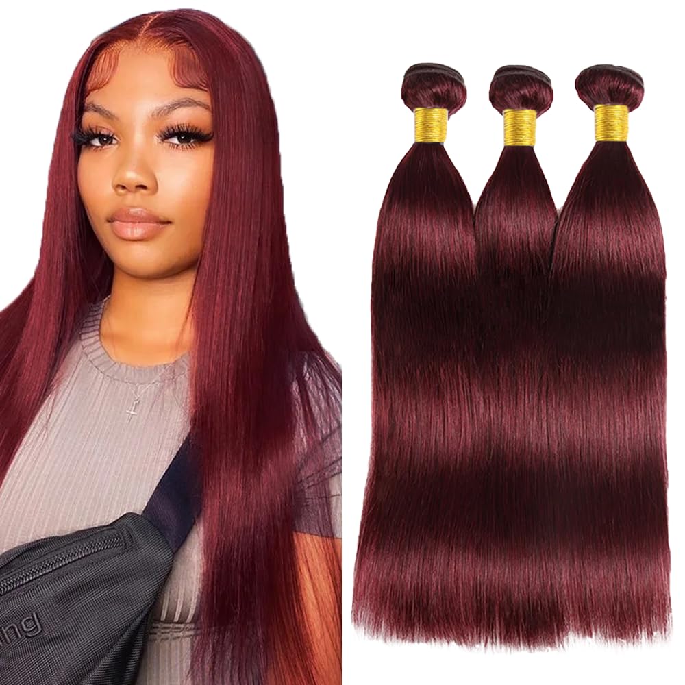 Photo 1 of #99J Burgundy Human Hair Bundles Straight Bundles 28 30 32 Inch Wine Red Bundle Unprocessed Brazilian Virgin Hair 3 Bundle Deals Quick Weave Hair Extensions 50 Gram Per Bundle