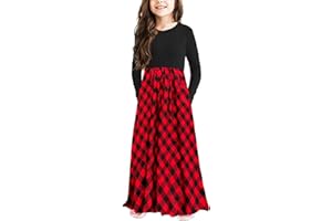 KYMIDY Girls Maxi Dress Kids Buffalo Check Plaid Long Sleeve Casual Dresses with Pockets for Girls 6-14 Years