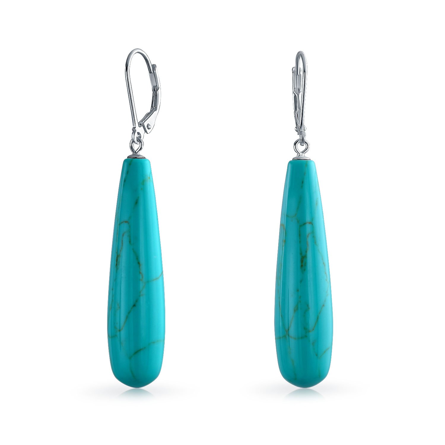 Simple Gemstone Blue Turquoise Elongated Teardrop Lever Back Dangle Earrings Western Jewelry For Women .925 Sterling Silver