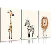 Safari Nursery Wall Art Baby Animal Canvas Wall Decor Cute Giraffe Lion Zebra Jungle Pictures Prints Posters for Baby Boy Girl Children's Room Bedroom Home Decorations 12x16inx3 Framed