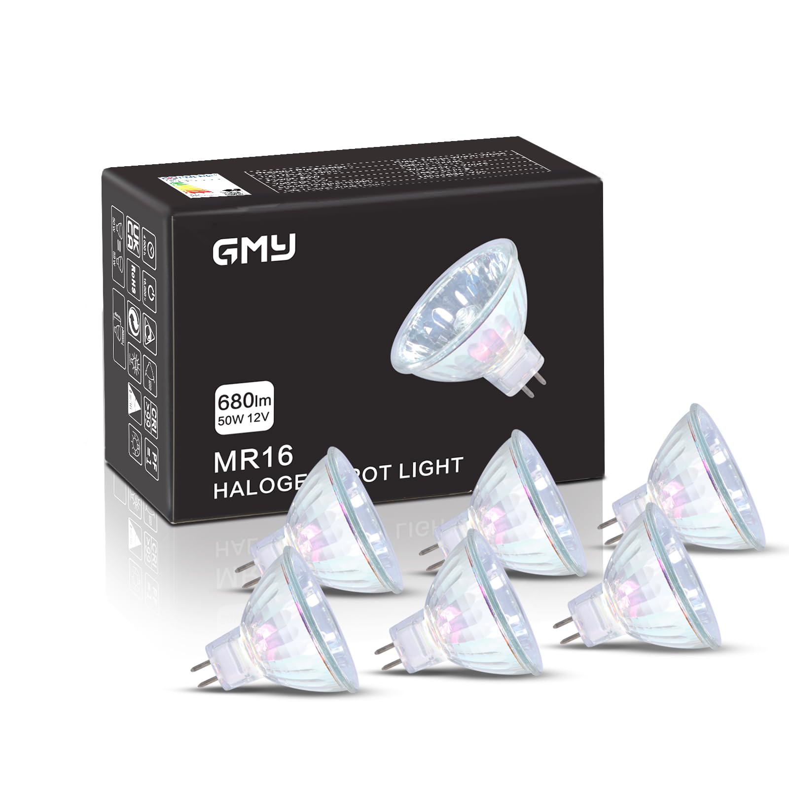 GMY 4000 Hours Lifetime MR16 Halogen Light Bulbs 50W 12V Dimmable Spotlights for Ceiling Light, 36° Beam Angle, 3000K Warm White, GU5.3 Base, Dichroic 6 Pack