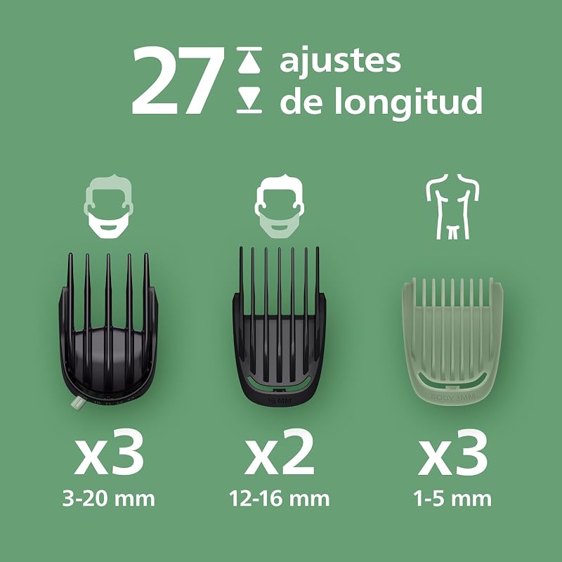 Recortadora todo en uno de 19 en 1 Serie 9000 + OneBlade - Afeitadora y cortapelos hombre para rostro, cabeza y cuerpo, cuchillas de acero autoafilables, 27 longitudes, recargable, MG9956/15