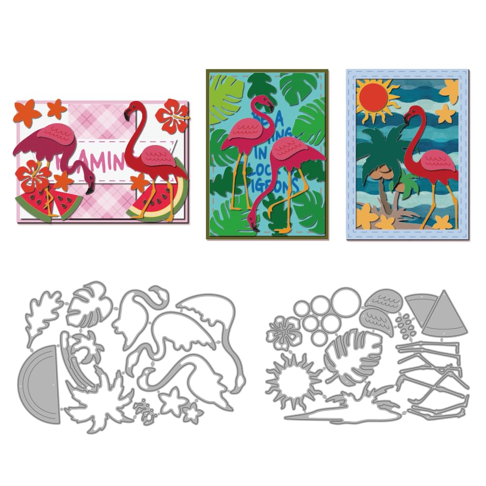 MAYJOYDIY Flamingo Forest Metal Die Cuts for Card Making Summer Theme Cutting Dies Watermelon Tropical Leaves Sun Carbon Steel Embossing Stencils for Scrapbooking Decorative Paper Crafts Photo Album