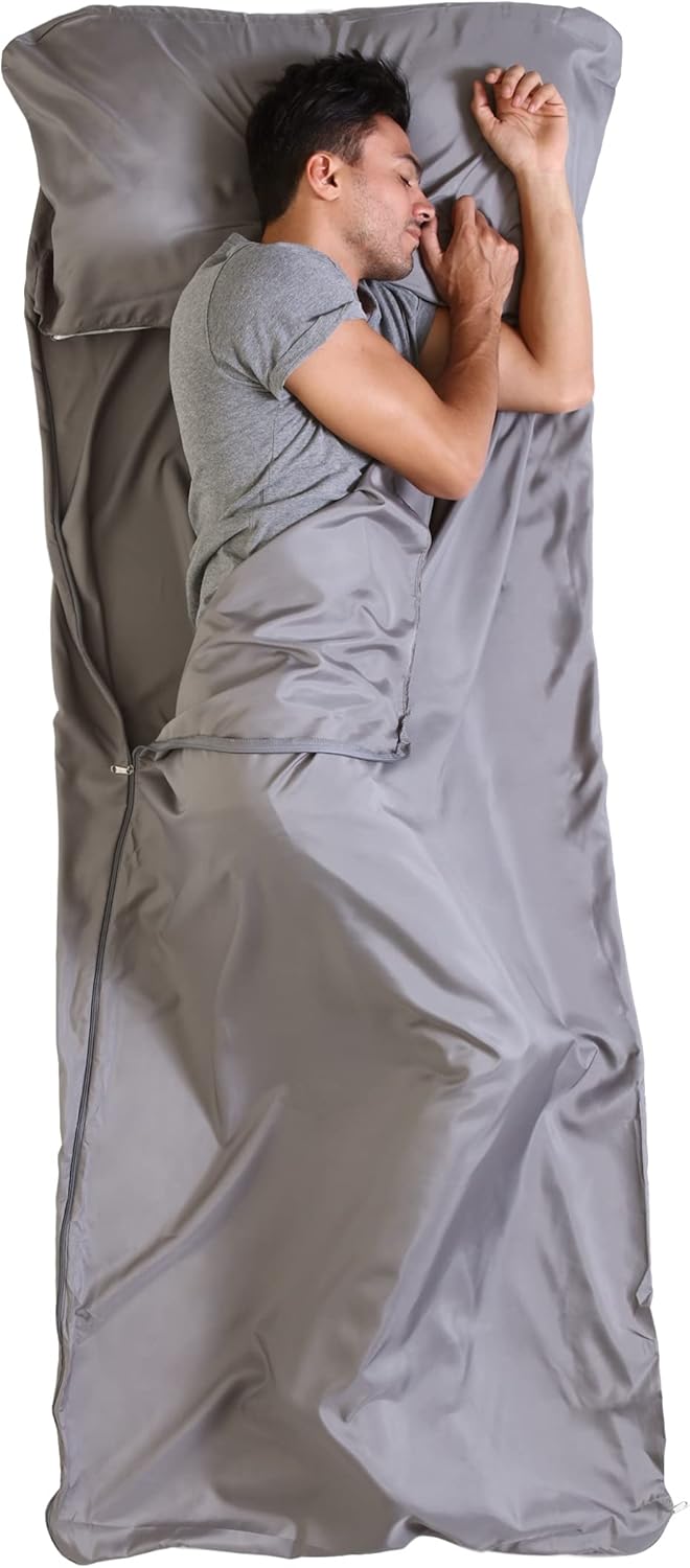 Sleeping Bag Liner - Camping & Travel Sheets for Adult - Sleeping Sack & Sheets for Backpacking, Hotel, Hostels & Traveling - Lightweight Single Sleep Sack - Comfortable Sleep Liners - Gray w/Zipper : Sports & Outdoors